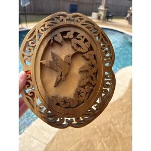 Vintage Wall Plaque Plate Hand Carved Wood with Hummingbird Design Decor 3D